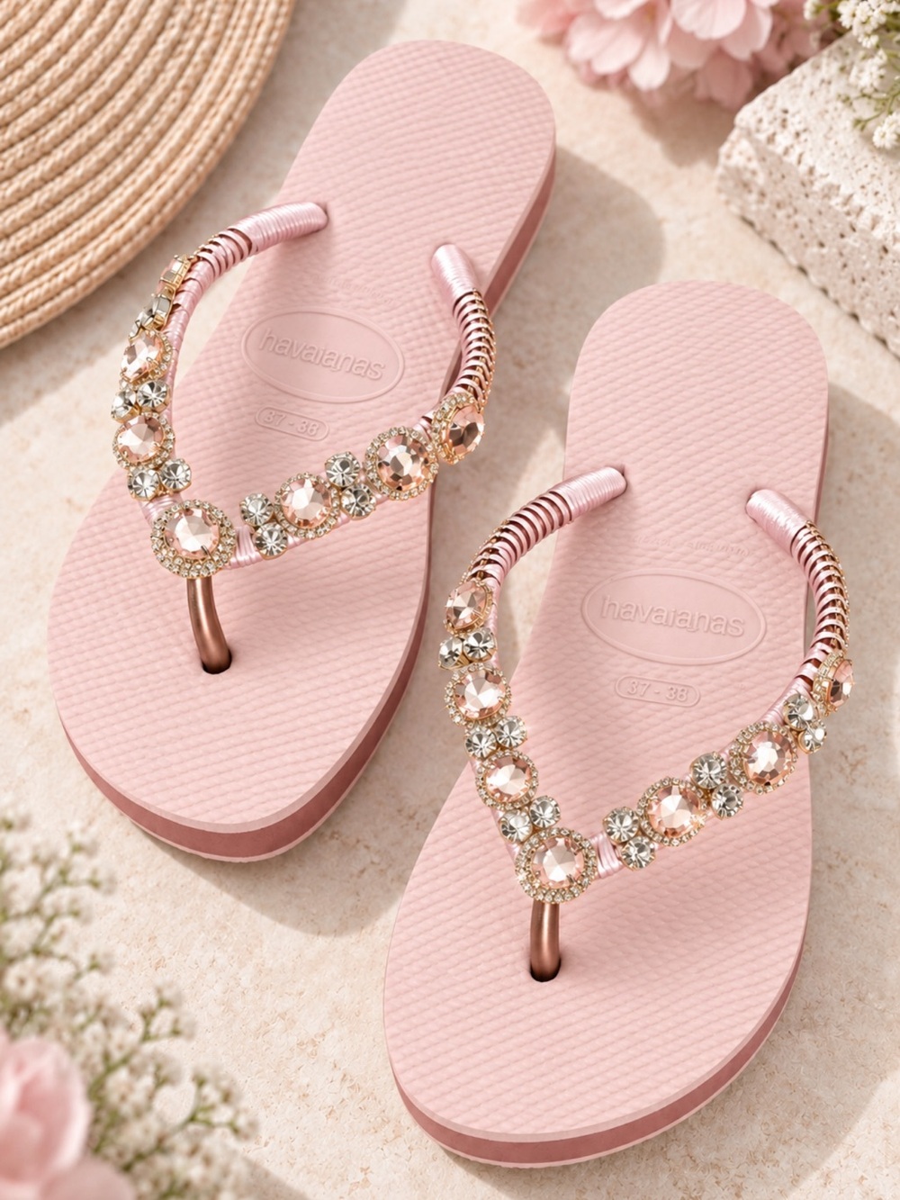 Havaianas Blush Pink Crystal Embellished Jeweled Platform Flip Flops 37/38 NEW
